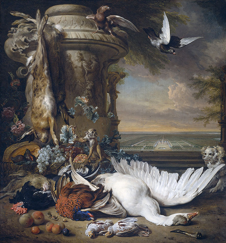 A Monkey and a Dog Beside Dead Game and Fruit